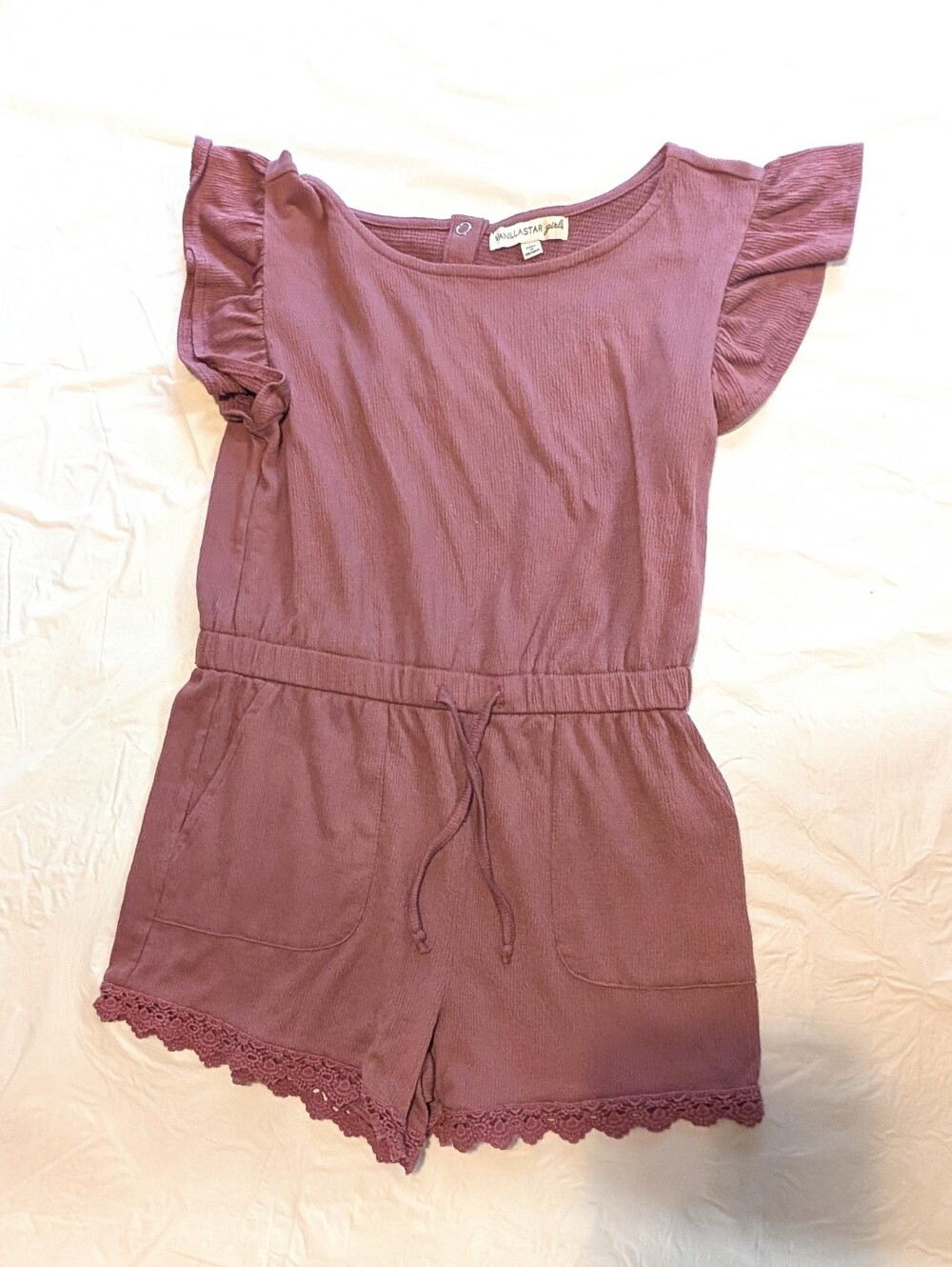 Vanilla Star Mauve Girls' Short Sleeve Knit Romper with Lace Hem
